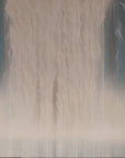 A painted waterfall on linen in tones of blues, whites and browns.