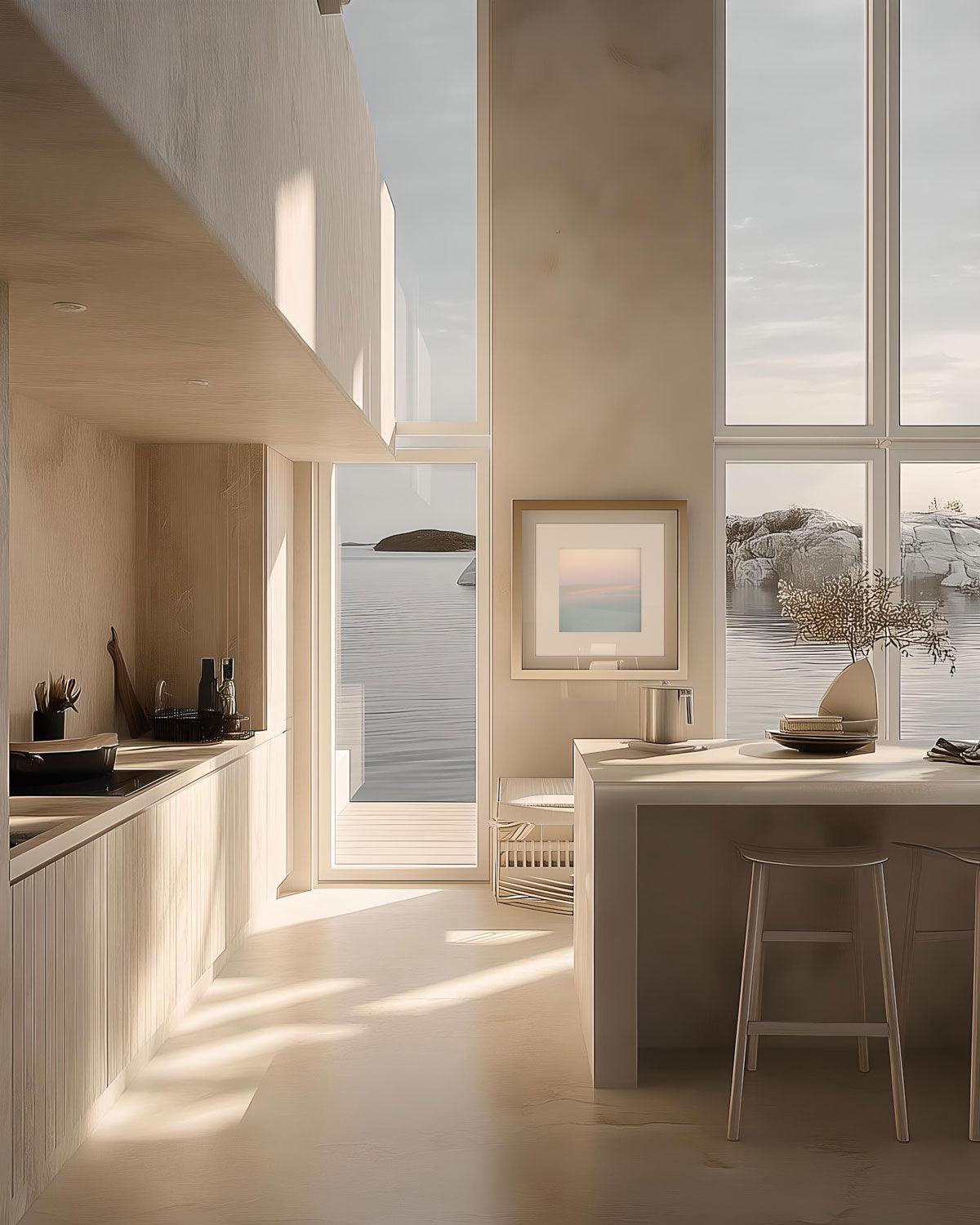 A minimalistic and modern kitchen with a large window overlooking the sea. The image features a simple, unframed artwork hanging on the wall.