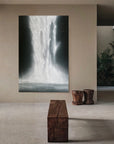 Ignited Lines by Christina Craemer, mixed media on linen, African waterfall with fluorescent mist