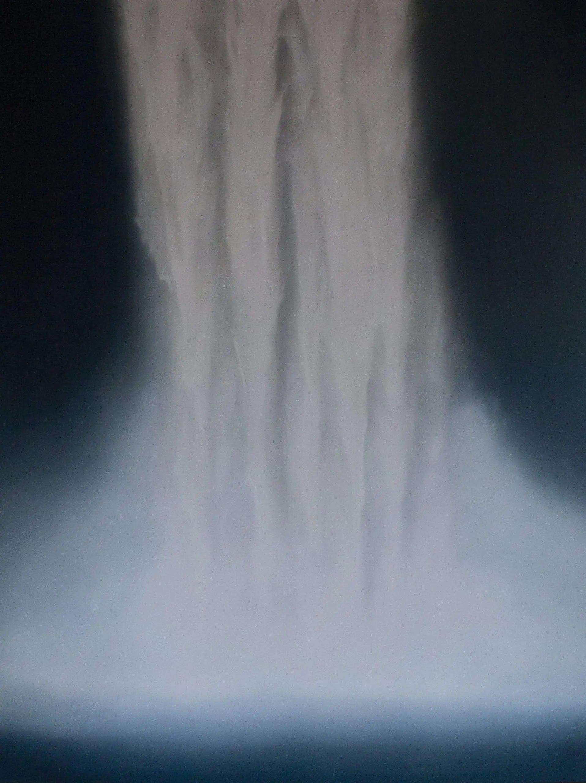 A abstract art print featuring a subliminal, ethereal image of a waterfall with a dark upper part transitioning to a light lower part, creating a sense of depth and movement.