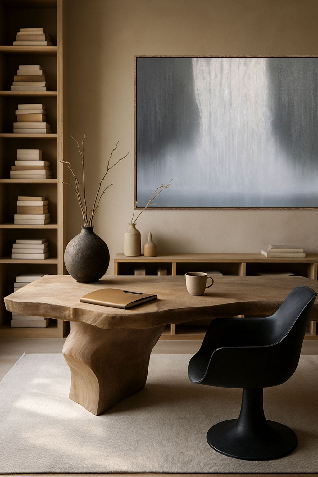 Modern home office with wooden desk, black chair, and abstract painting on wall.