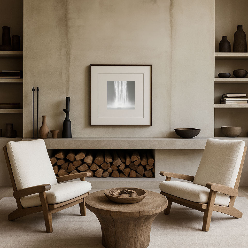 Modern living room with wooden chairs, a coffee table, and a fireplace.