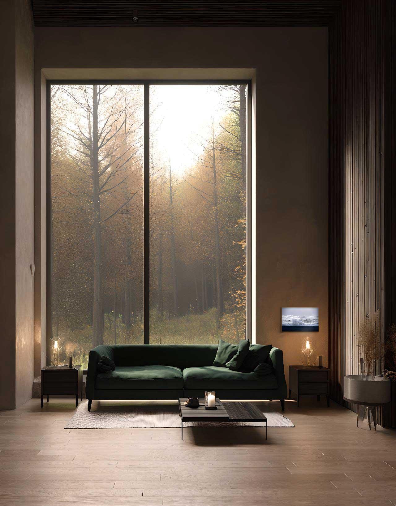 A small photograph in a living room with a green couch.