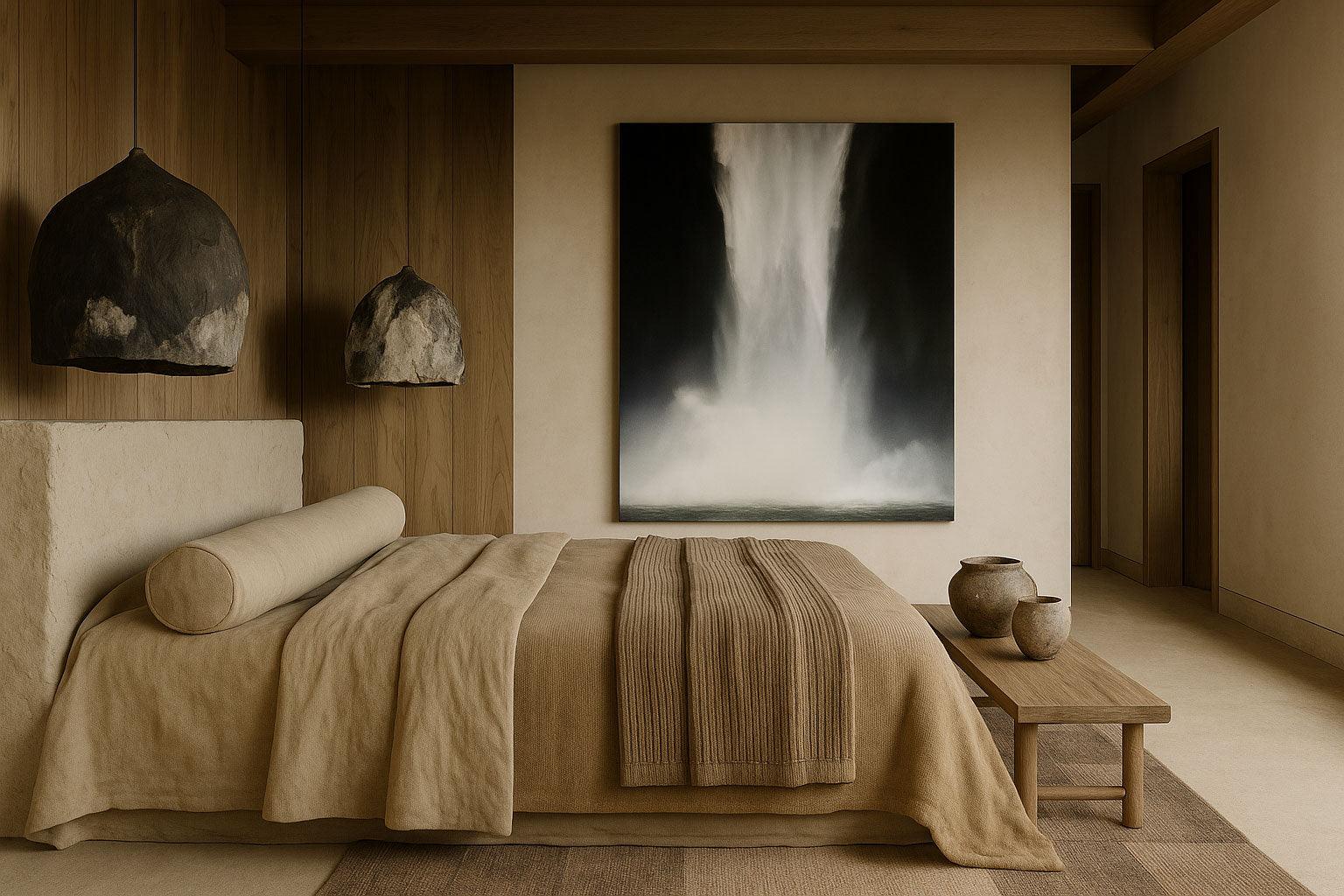 A minimalist bedroom with a large bed, wooden headboard, and beige bedding. The room features a prominent black and white artwork hanging above the bed, with decorative bowls and a wooden bench complementing the earthy tones.