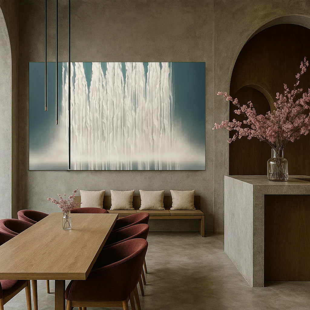 Modern interior with abstract artwork, wooden table, and chairs.