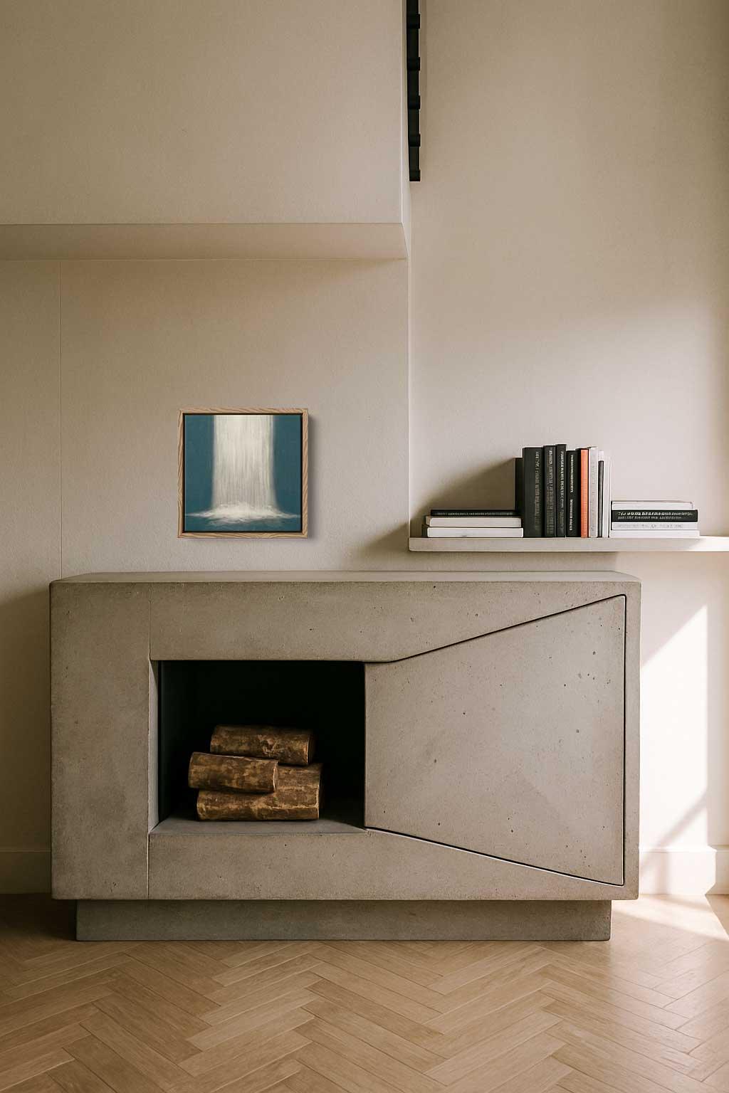 A framed abstract art print hanging on a wall above a modern sideboard in a room with parquet flooring.