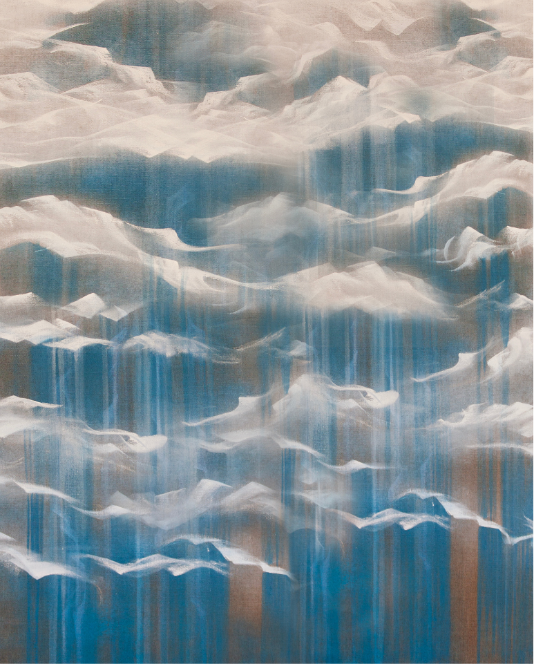 A painting of clouds on a linen background.