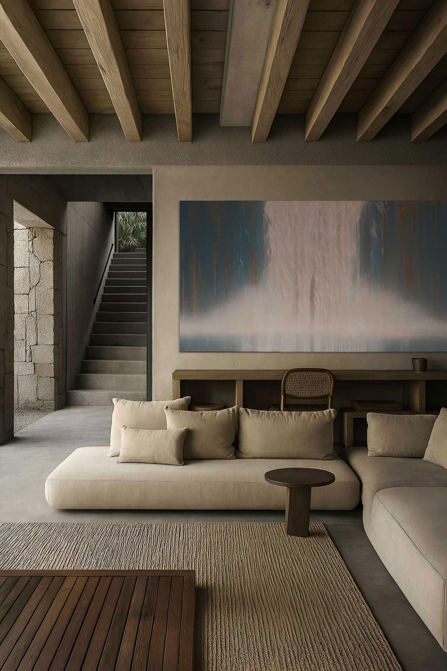 A interior setting featuring a large abstract painting with blue tones and vertical light streams, titled 'Eternal Life Lines' by Christina Cramer.