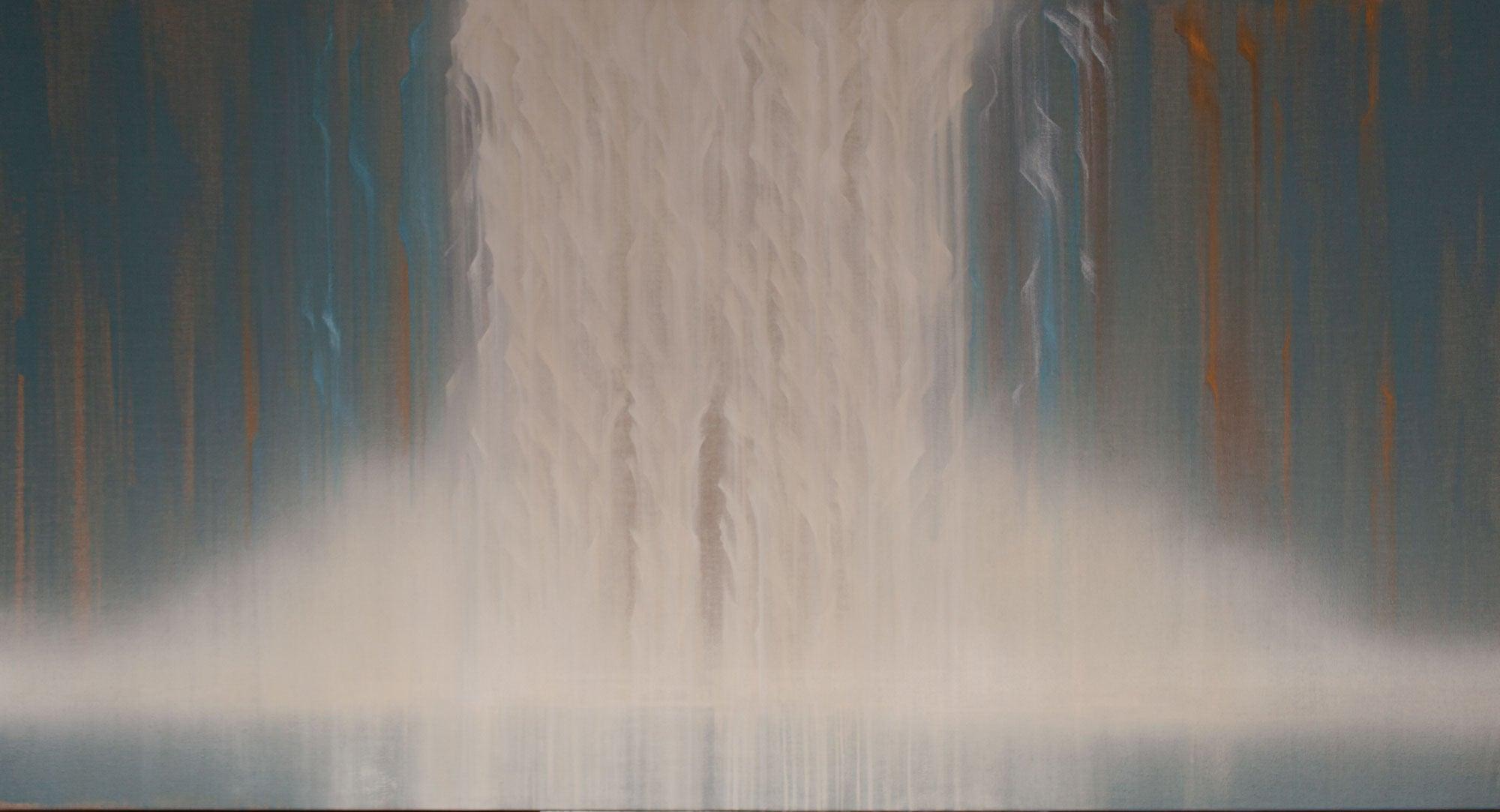 A painted waterfall on linen in tones of blues, whites and browns.