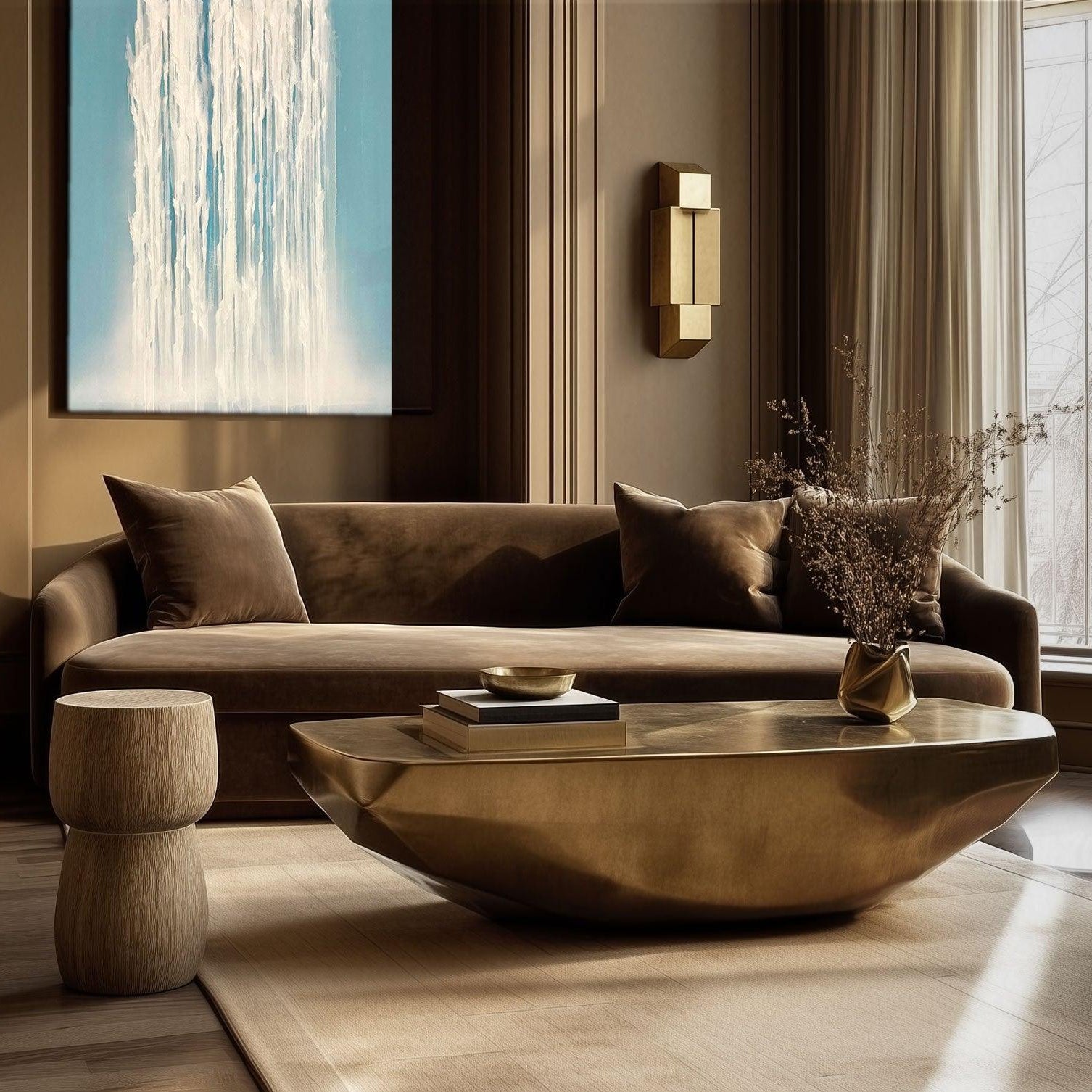 Luxurious living room with brown sofa, gold coffee table, and decorative pillows.