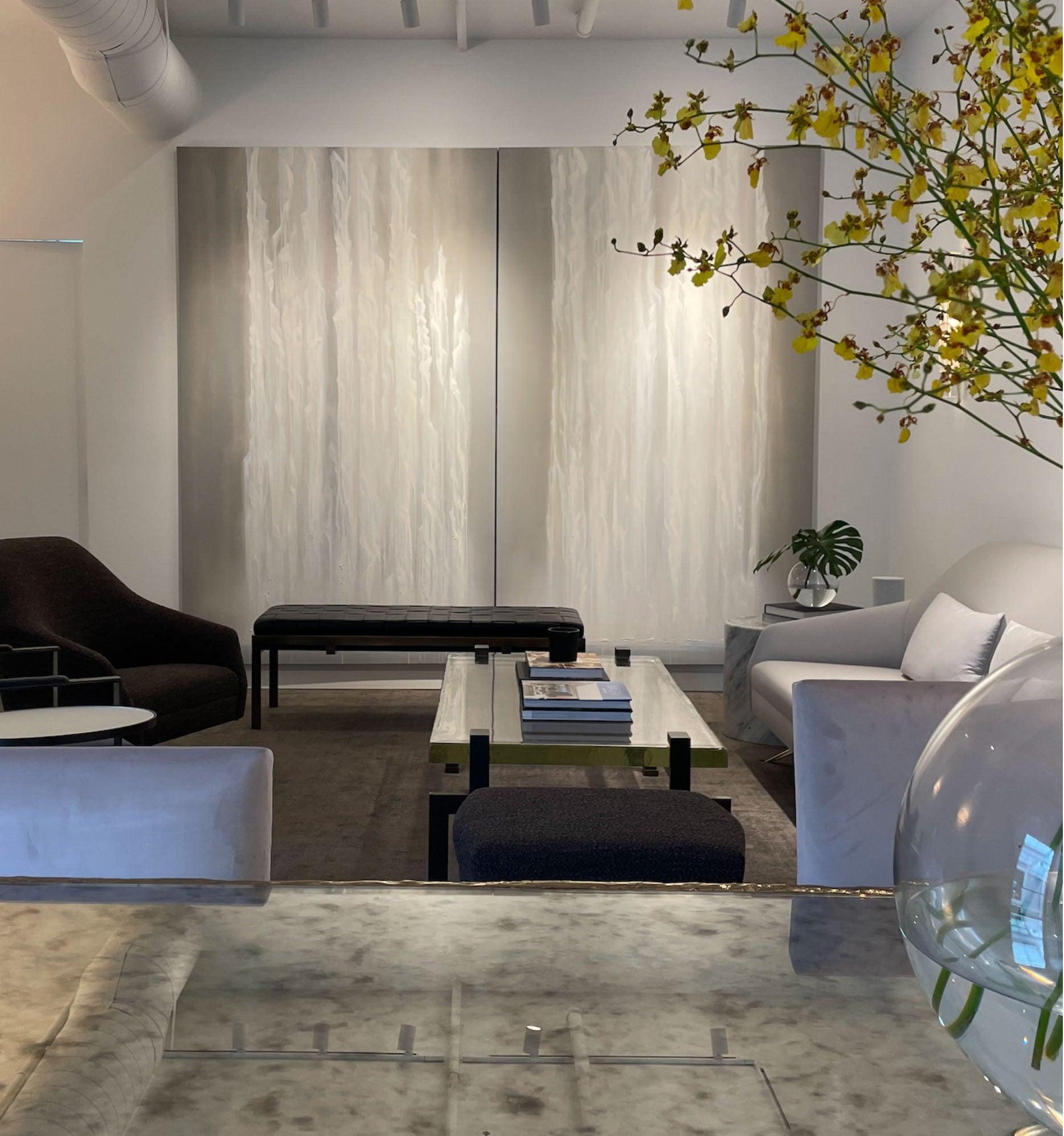 Insitu Image of a diptych of luminous lines on grey.