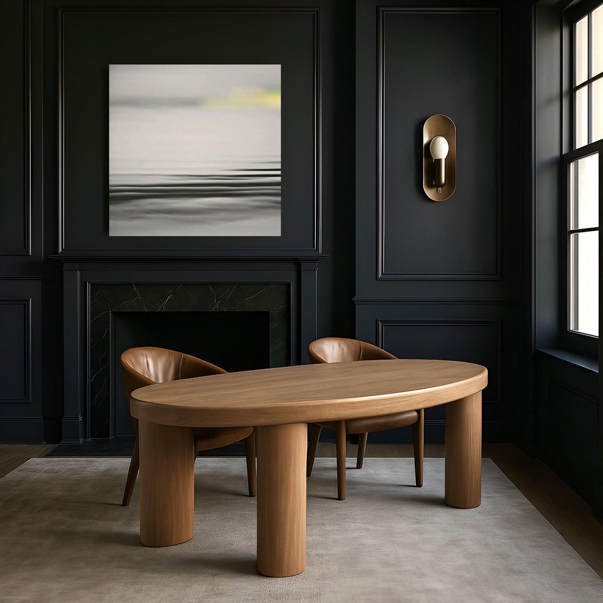 This image features a sophisticated and stylish dining room setting, titled "Silver Lines." The room is elegantly framed with dark, paneled walls that contrast beautifully with a large, oval-shaped wooden dining table at the center.